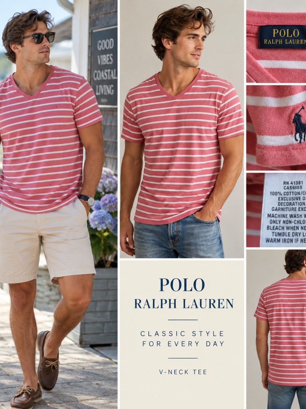 Polo by Ralph Lauren Men’s Pink Stripe V‑Neck Tee